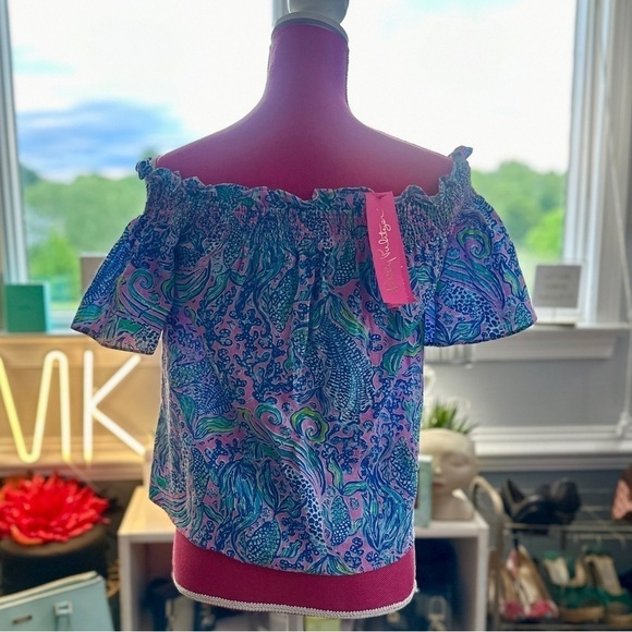 🦩🌴🦩👚Leanne Off-The-Shoulder Linen Top in Lilac Rose We Mermaid👚🦩🌴🦩 - Picture 4 of 11